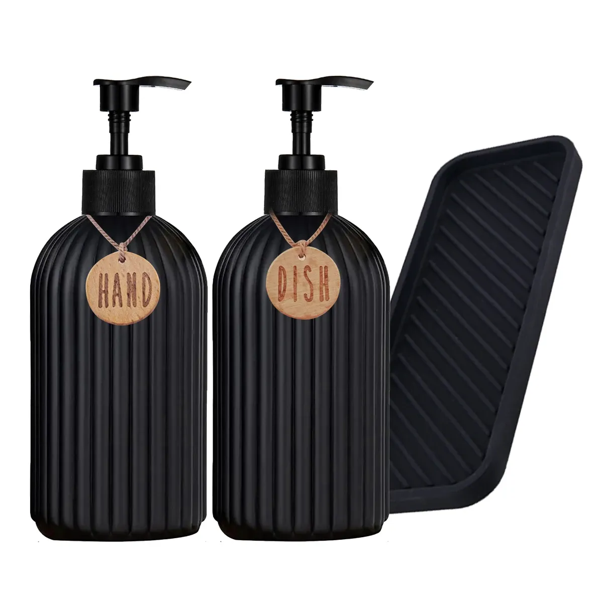 Distributeurs de savon de cuisine noirs avec plateau en silicone, flacons rechargeables pour savon mains et vaisselle de 500 ml, idéaux pour la décoration de l'évier, lot de 2 8
