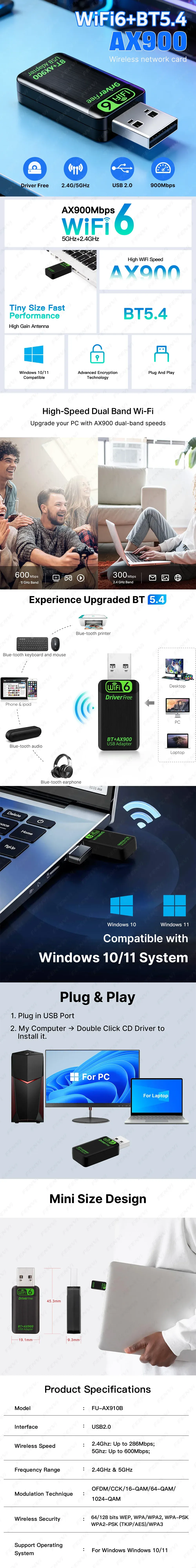 Présentation détaillée de l'adaptateur USB Wi-Fi 6 AX900 Bluetooth 5.4