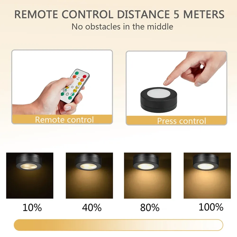 Lampe LED ronde pour armoire et placard à piles, éclairage dimmable à température de couleur réglable, avec télécommande 2