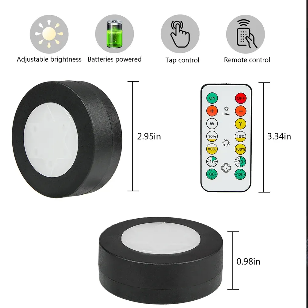Lampe LED ronde pour armoire et placard à piles, éclairage dimmable à température de couleur réglable, avec télécommande 5