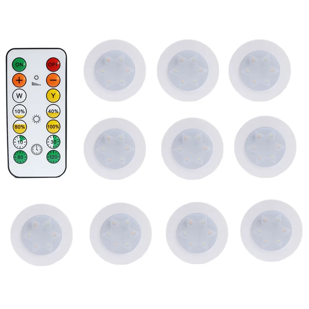 Lampe LED ronde pour armoire et placard à piles, éclairage dimmable à température de couleur réglable, avec télécommande 15