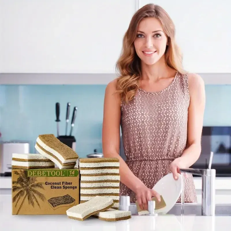 Éponge de cuisine naturelle en cellulose et fibre de noix de coco, éponges de nettoyage ménager blanches, lot de 1, 6 ou 12 pièces 3