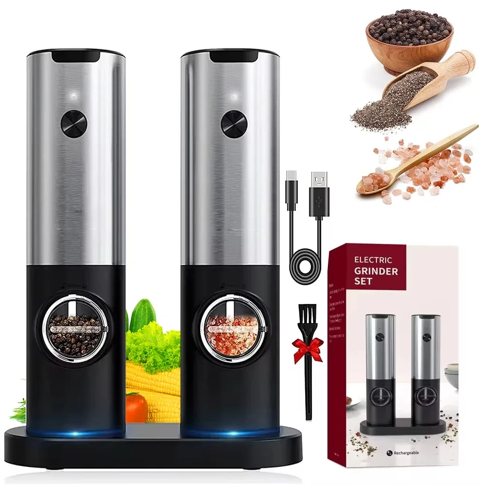 Ensemble moulin à sel et poivre électrique avec éclairage LED, rechargeable par USB, automatique, moulin à épices réglable - Image 1