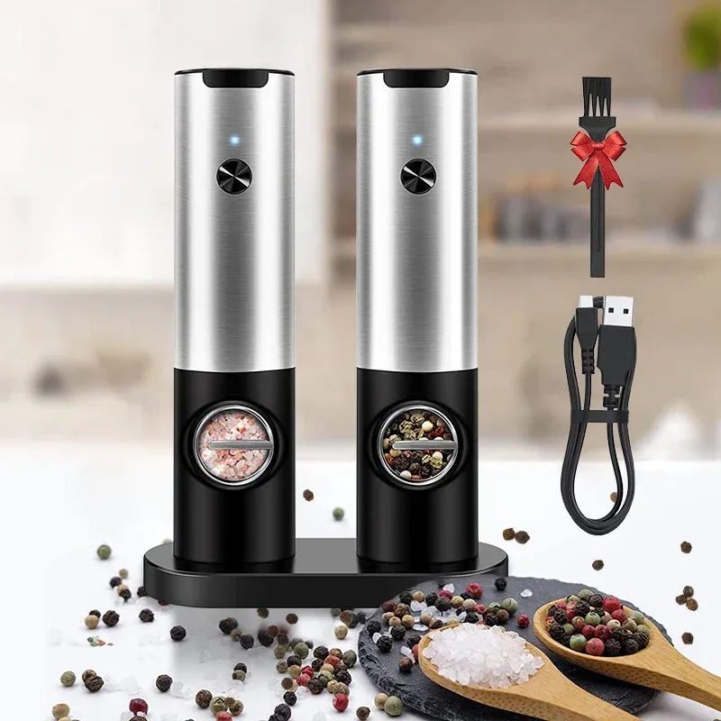 Ensemble moulin à sel et poivre électrique avec éclairage LED, rechargeable par USB, automatique, moulin à épices réglable 2