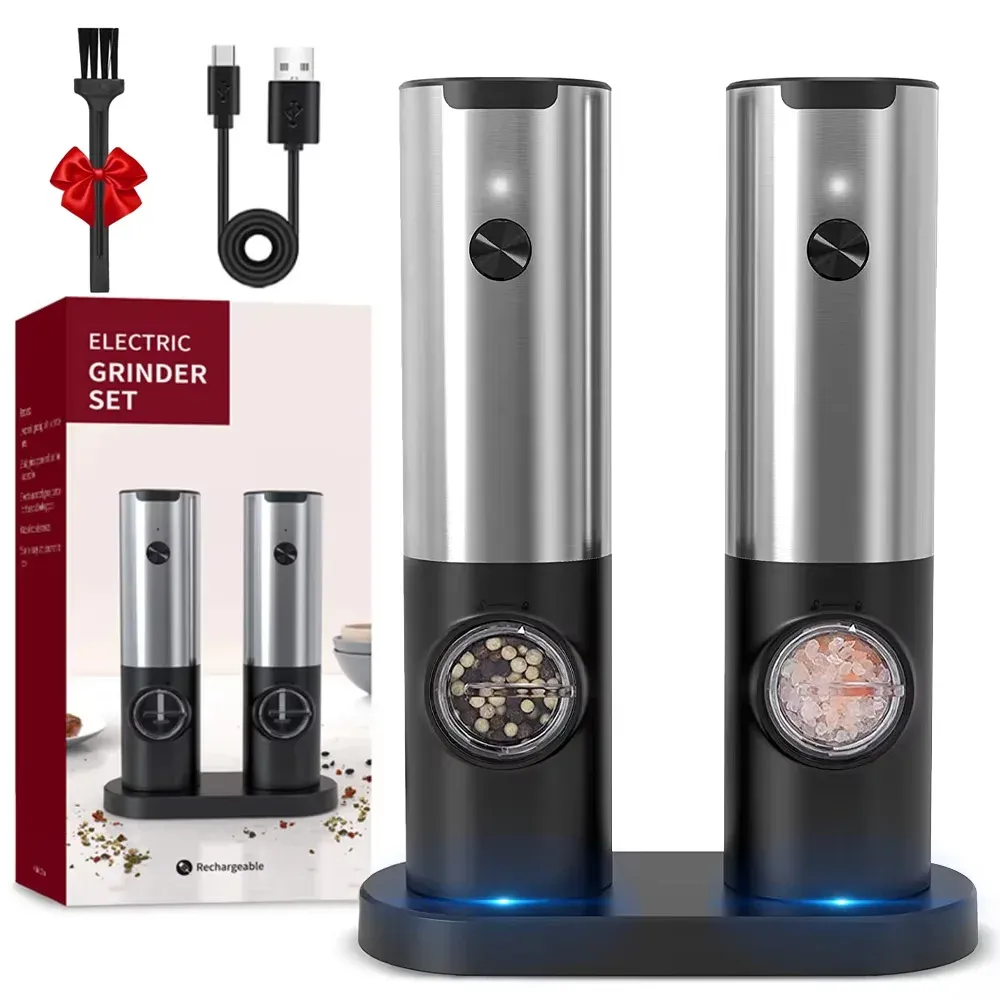 Ensemble moulin à sel et poivre électrique avec éclairage LED, rechargeable par USB, automatique, moulin à épices réglable 7