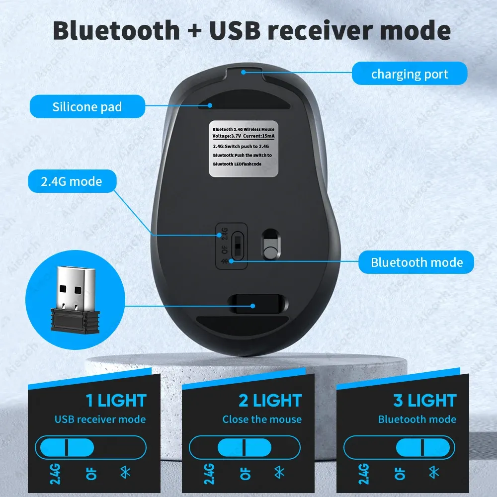 Souris Bluetooth sans fil portable compacte ergonomique 2,4 GHz USB silencieuse 1600 DPI rechargeable 500 mAh pour PC, tablette et ordinateur portable MacBook 5
