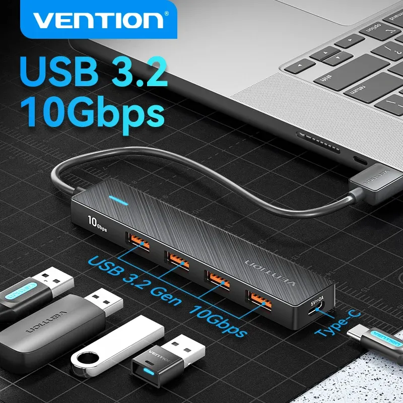 Hub USB Vention 4 ports ABS USB 3.2 10 Gbps, adaptateur multi-répartiteur pour ordinateur portable