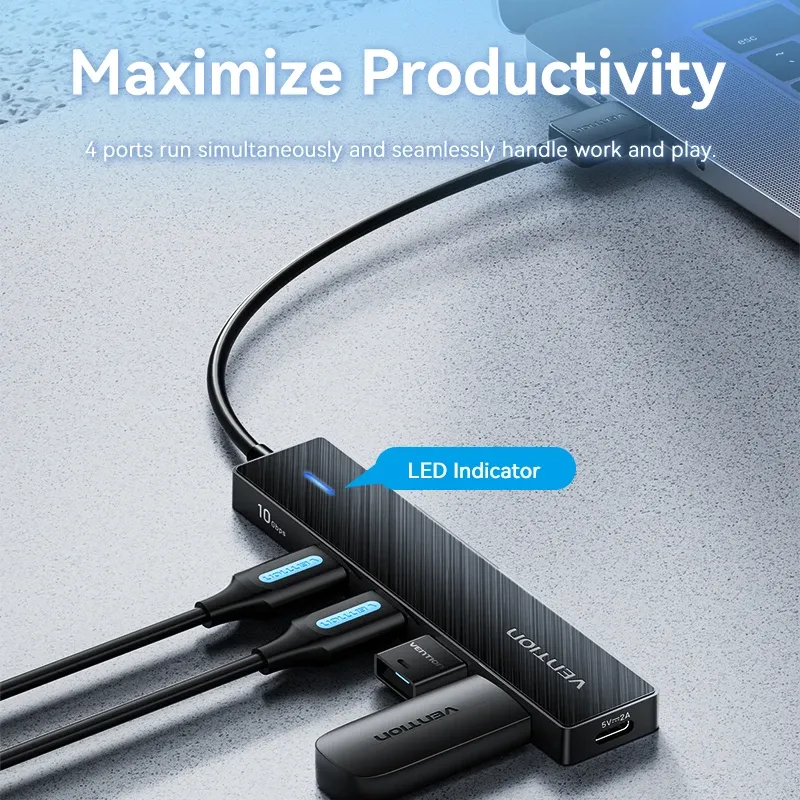 Hub USB Vention 4 ports ABS USB 3.2 10 Gbps, adaptateur multi-répartiteur pour ordinateur portable 4