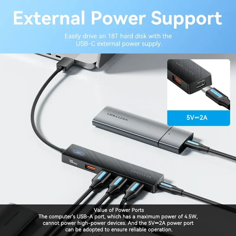 Hub USB Vention 4 ports ABS USB 3.2 10 Gbps, adaptateur multi-répartiteur pour ordinateur portable 5