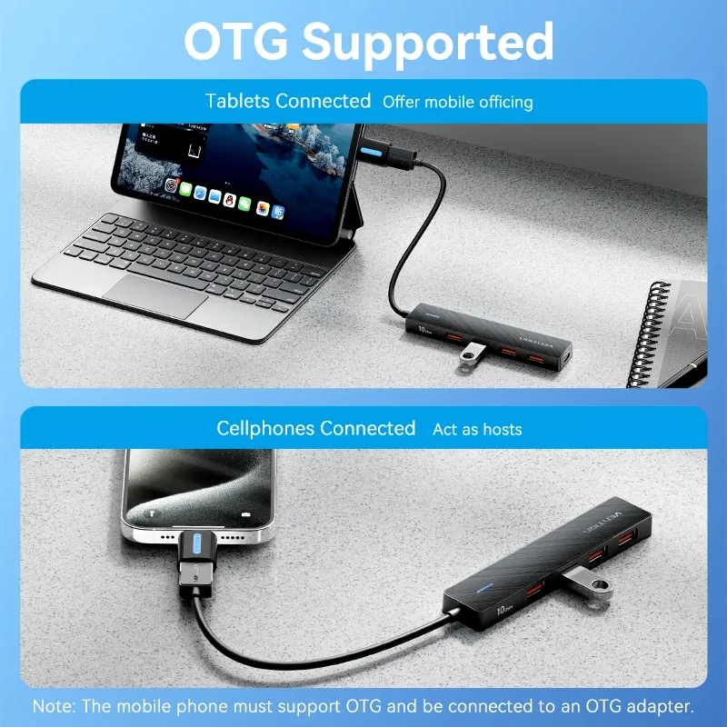 Hub USB Vention 4 ports ABS USB 3.2 10 Gbps, adaptateur multi-répartiteur pour ordinateur portable 6