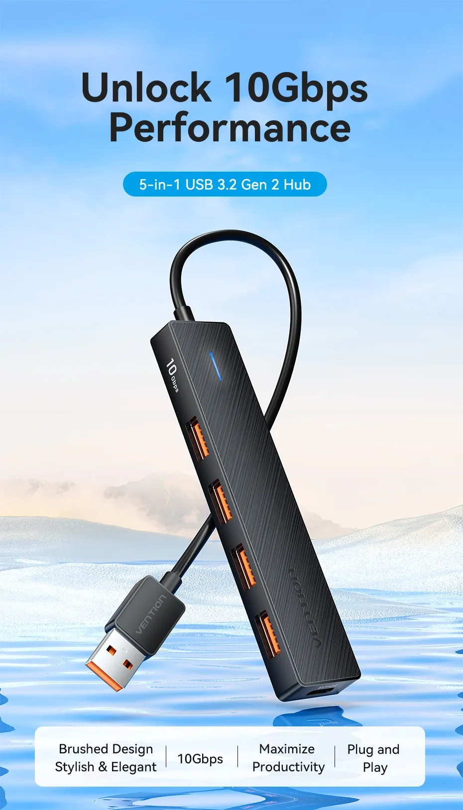 Hub USB 3.2 Gen 2 à 4 ports Vention, vue d'ensemble