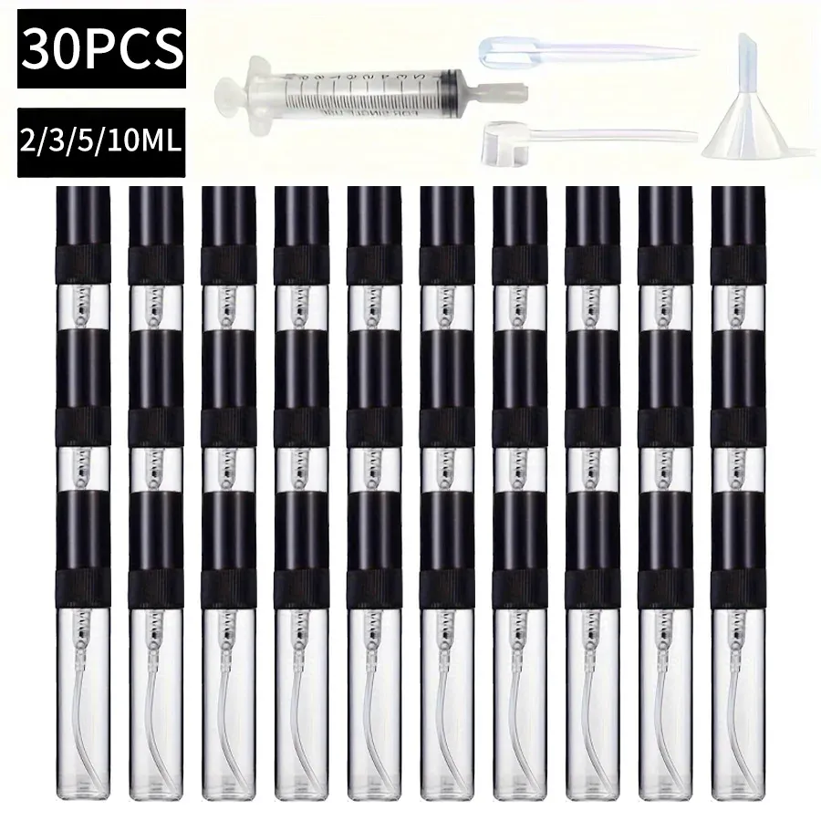 30 flacons pulvérisateurs en verre 2 ml, 3 ml, 5 ml et 10 ml, avec 4 accessoires : entonnoir, dispositif de distribution, paille et seringue