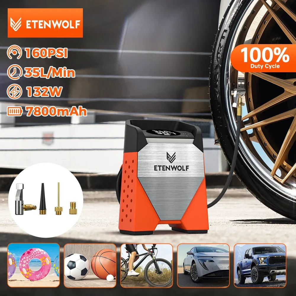 ETENWOLF ZEPHYR S3 Gonfleur de pneu portable, cycle de service 100 %, 160 PSI, compresseur d'air pour voiture, batterie 7800 mAh, pour voitures, motos et ballons (neuf)