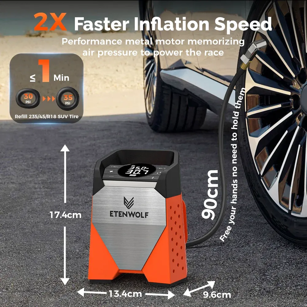 ETENWOLF ZEPHYR S3 Gonfleur de pneu portable, cycle de service 100 %, 160 PSI, compresseur d'air pour voiture, batterie 7800 mAh, pour voitures, motos et ballons (neuf) 2