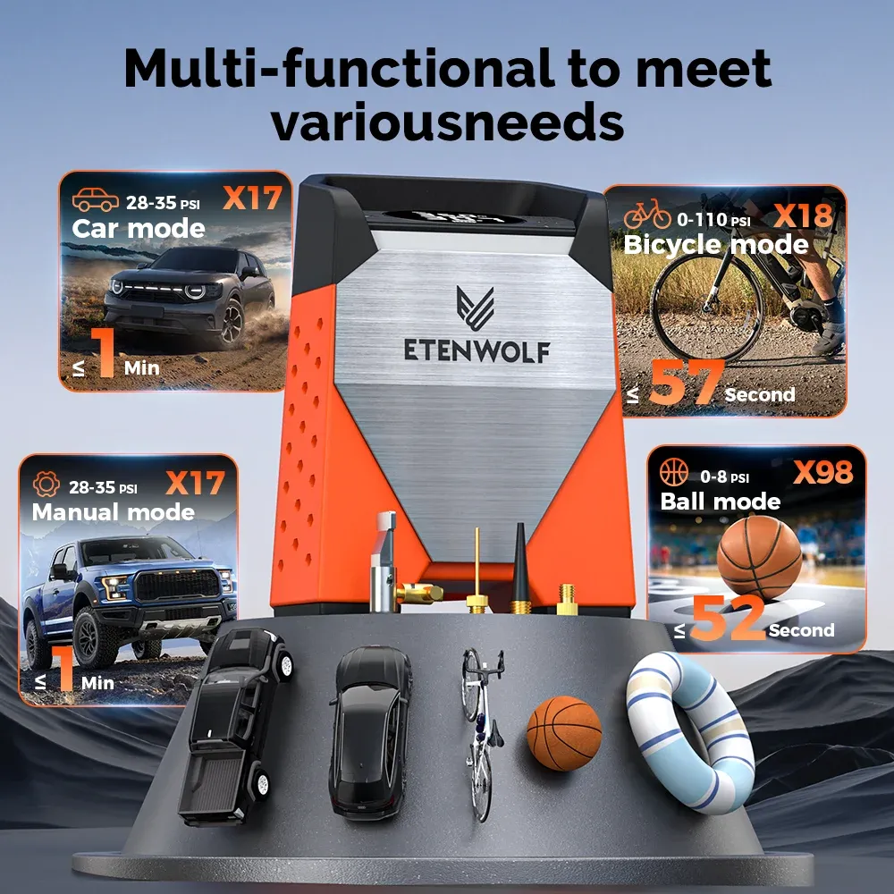 ETENWOLF ZEPHYR S3 Gonfleur de pneu portable, cycle de service 100 %, 160 PSI, compresseur d'air pour voiture, batterie 7800 mAh, pour voitures, motos et ballons (neuf) 3