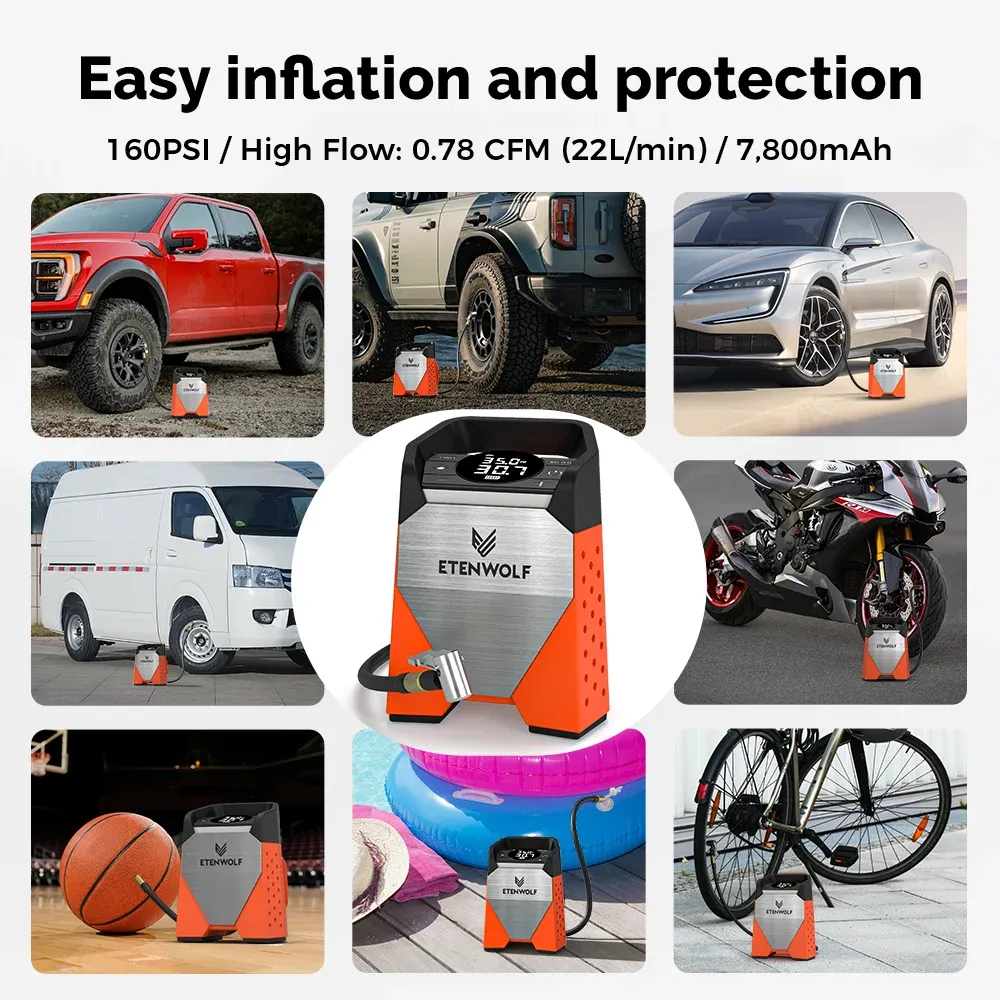ETENWOLF ZEPHYR S3 Gonfleur de pneu portable, cycle de service 100 %, 160 PSI, compresseur d'air pour voiture, batterie 7800 mAh, pour voitures, motos et ballons (neuf) 6