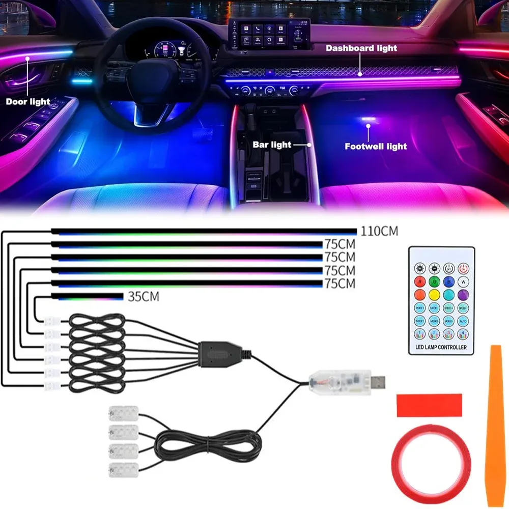 Bande lumineuse LED 6 en 1 pour habitacle de voiture, éclairage d'ambiance néon en acrylique avec contrôle par application et télécommande, pour tableau de bord