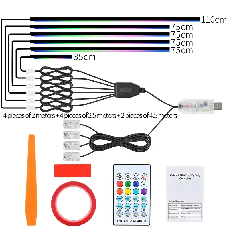 Bande lumineuse LED 6 en 1 pour habitacle de voiture, éclairage d'ambiance néon en acrylique avec contrôle par application et télécommande, pour tableau de bord 9