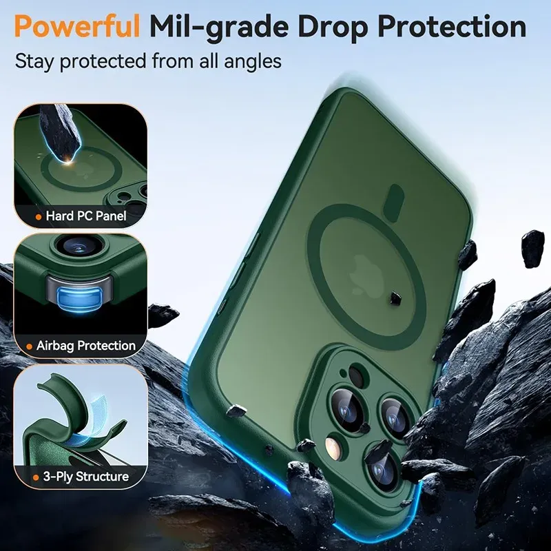 Coque de téléphone de luxe givrée, transparente et magnétique, compatible MagSafe pour iPhone 11 à 18 (Pro, Pro Max, Plus, Air) 5