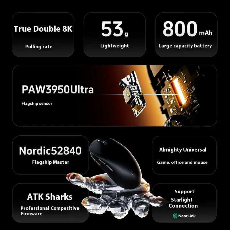 ATK A9 Souris de jeu ultra-légère sans fil tri-mode 8K, compatible A9/A9 SE/A9 Plus/A9 Pro, 53 g, idéale pour l'e-sport sur PC 3