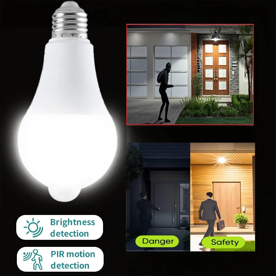 Ampoule LED à détecteur de mouvement PIR E27 / B22 – Activation automatique du crépuscule à l'aube – Usage intérieur et extérieur - Image 1
