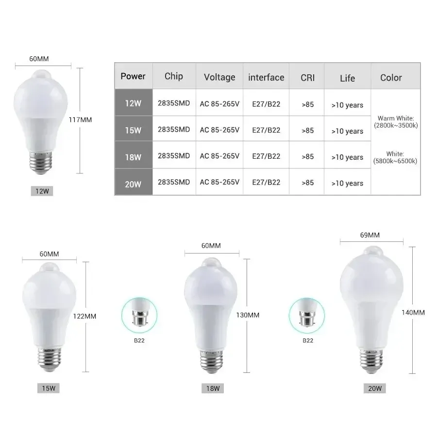 Ampoule LED à détecteur de mouvement PIR E27 / B22 – Activation automatique du crépuscule à l'aube – Usage intérieur et extérieur 5