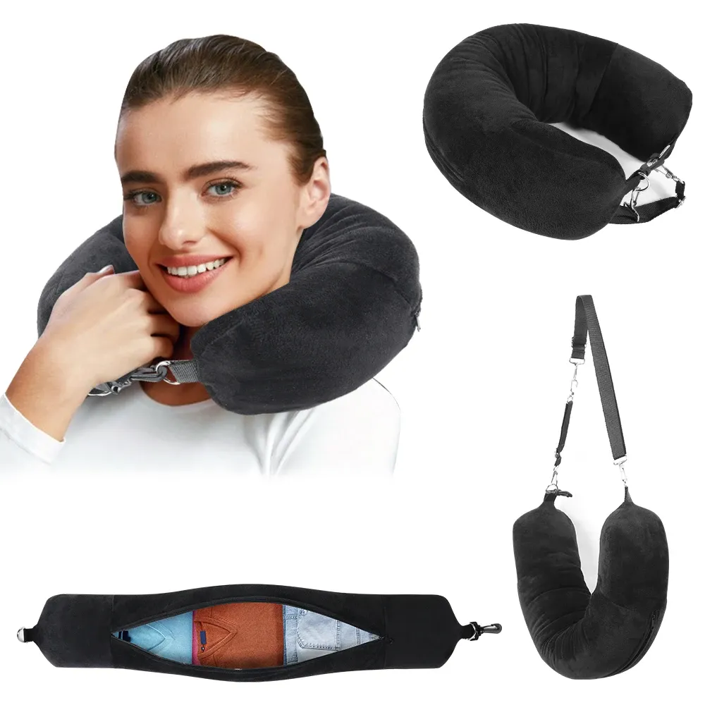 Oreiller de voyage en forme de U en velours avec housse et sac de rangement