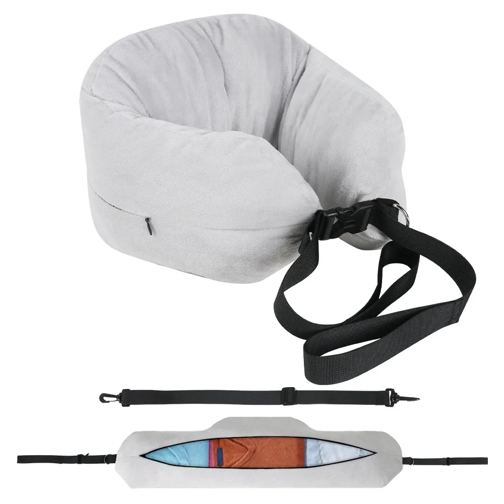 Oreiller de voyage en forme de U en velours avec housse et sac de rangement 12