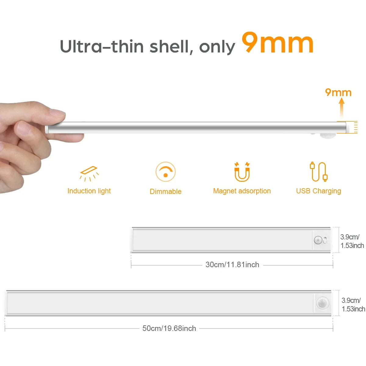 Barre lumineuse LED rechargeable par USB, batterie haute capacité, capteur de mouvement en aluminium, bande magnétique pour escaliers, placard, veilleuse 3