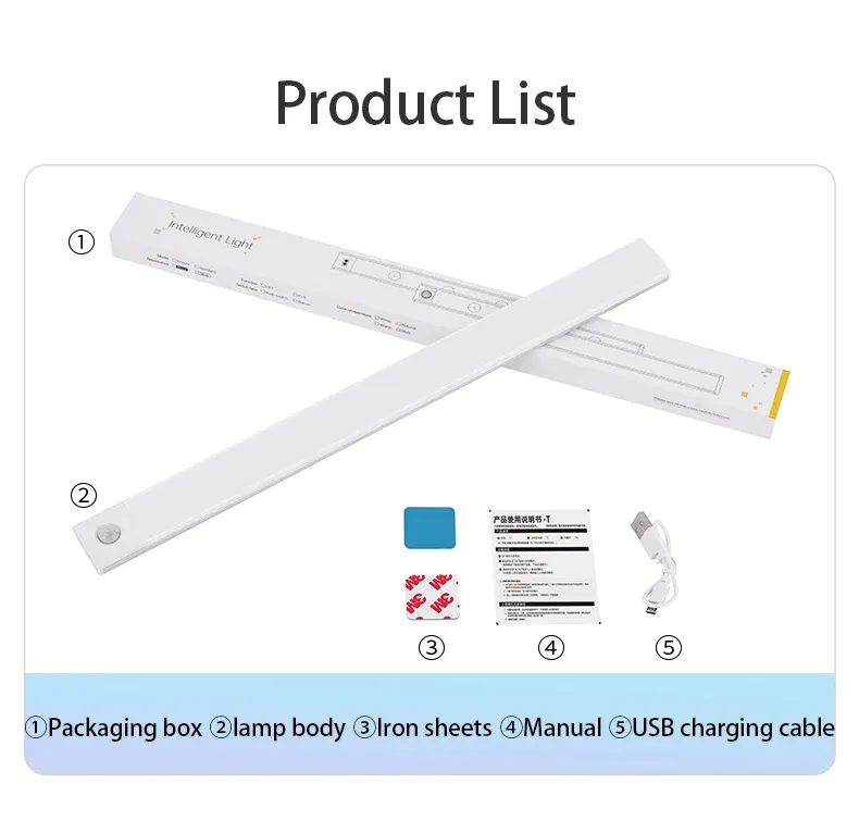 Lumière LED d'armoire avec capteur de mouvement, rechargeable par USB, pour cuisine et garde-robe, veilleuse LED 10 cm / 20 cm / 40 cm / 60 cm 6