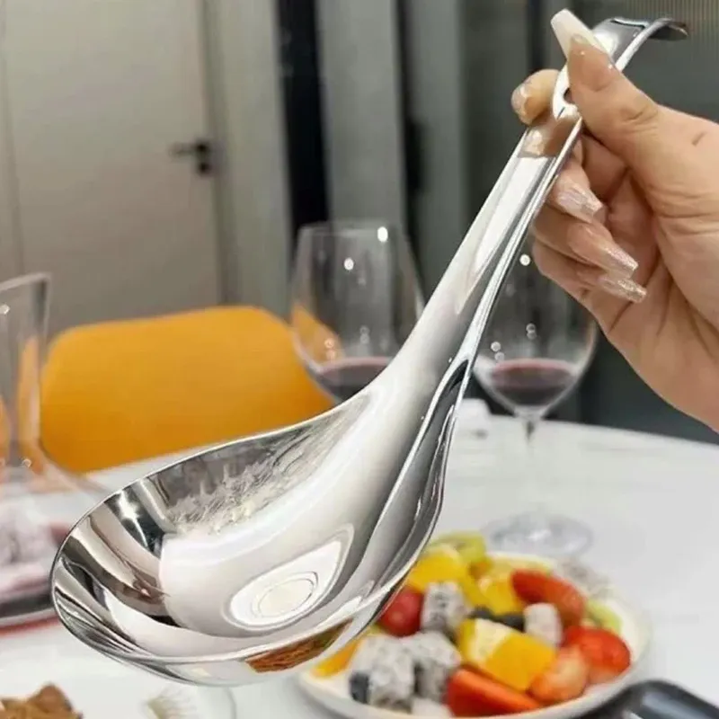 Cuillère à dessert ronde en acier inoxydable à long manche, motif filet rouge et doré 7