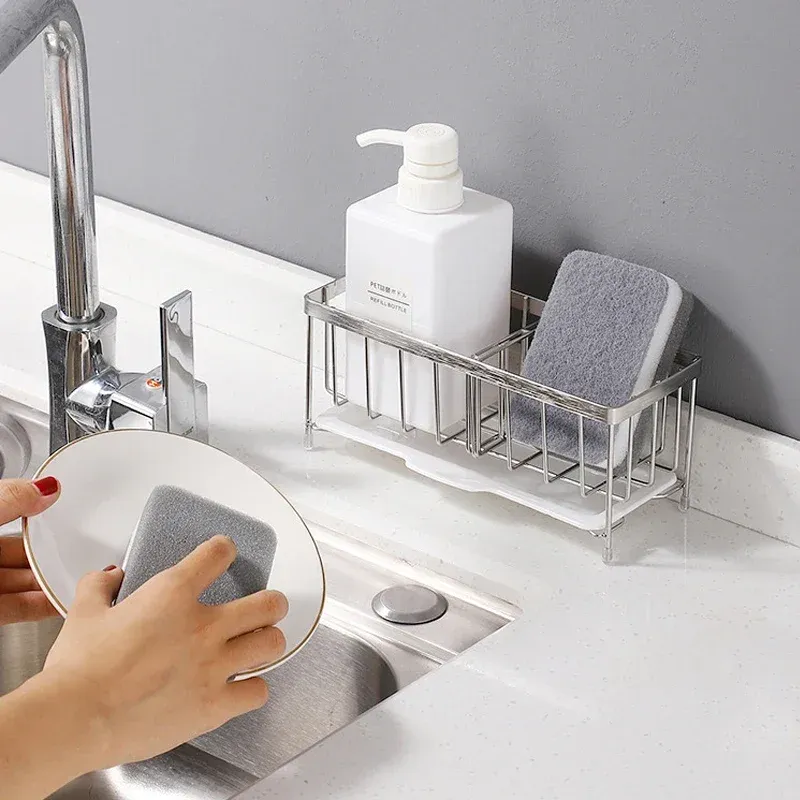 Porte-éponge de cuisine en acier inoxydable antirouille pour évier, organisateur d'évier avec porte-savon 3