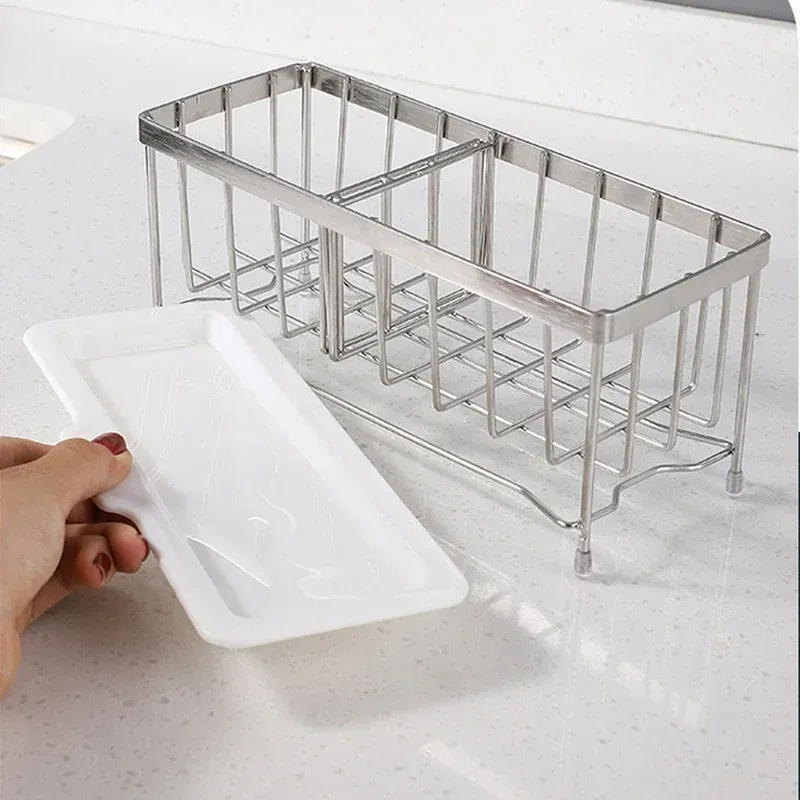 Porte-éponge de cuisine en acier inoxydable antirouille pour évier, organisateur d'évier avec porte-savon 4