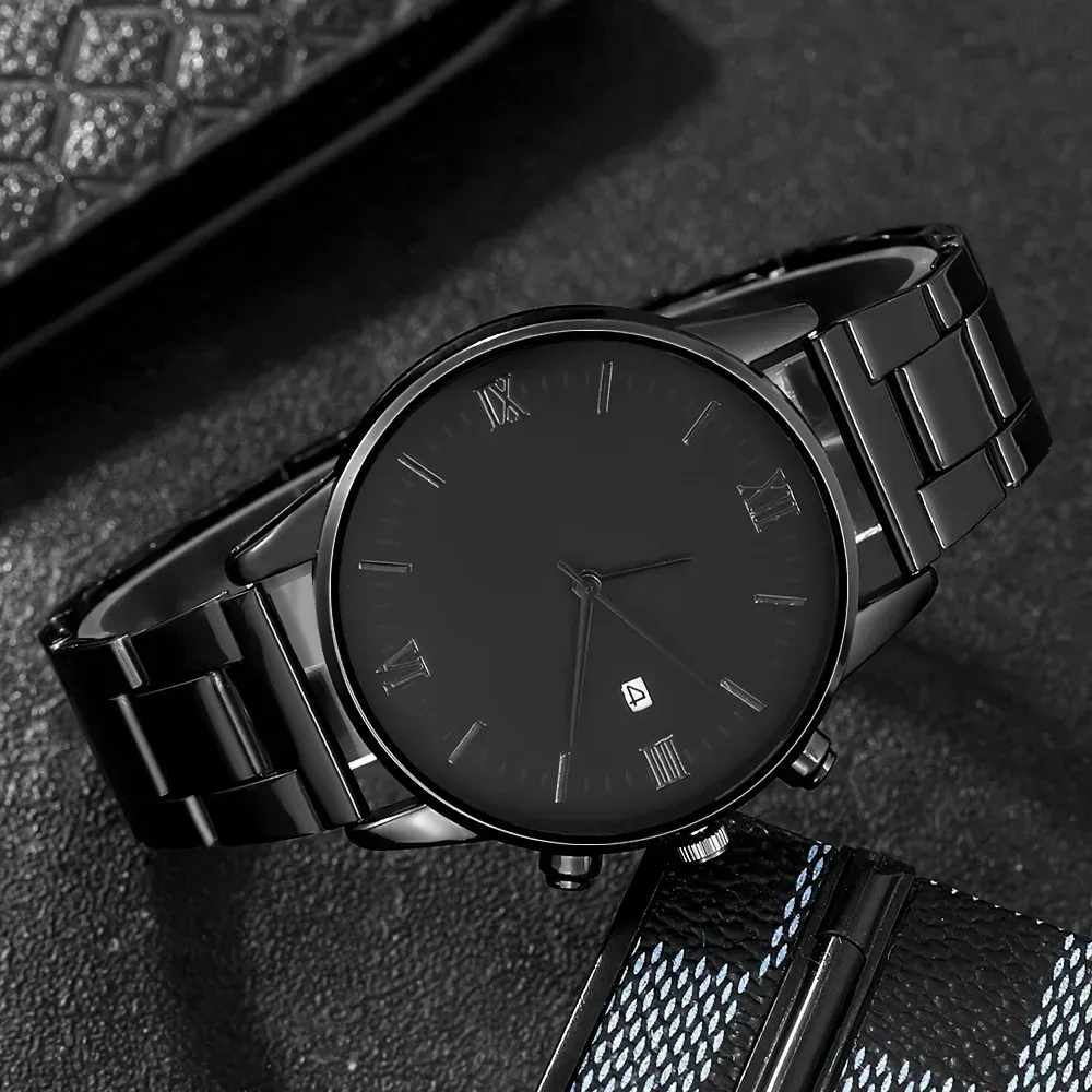 Montre à quartz minimaliste noire pour homme avec collier et bague à maillons, modèle n°2 2