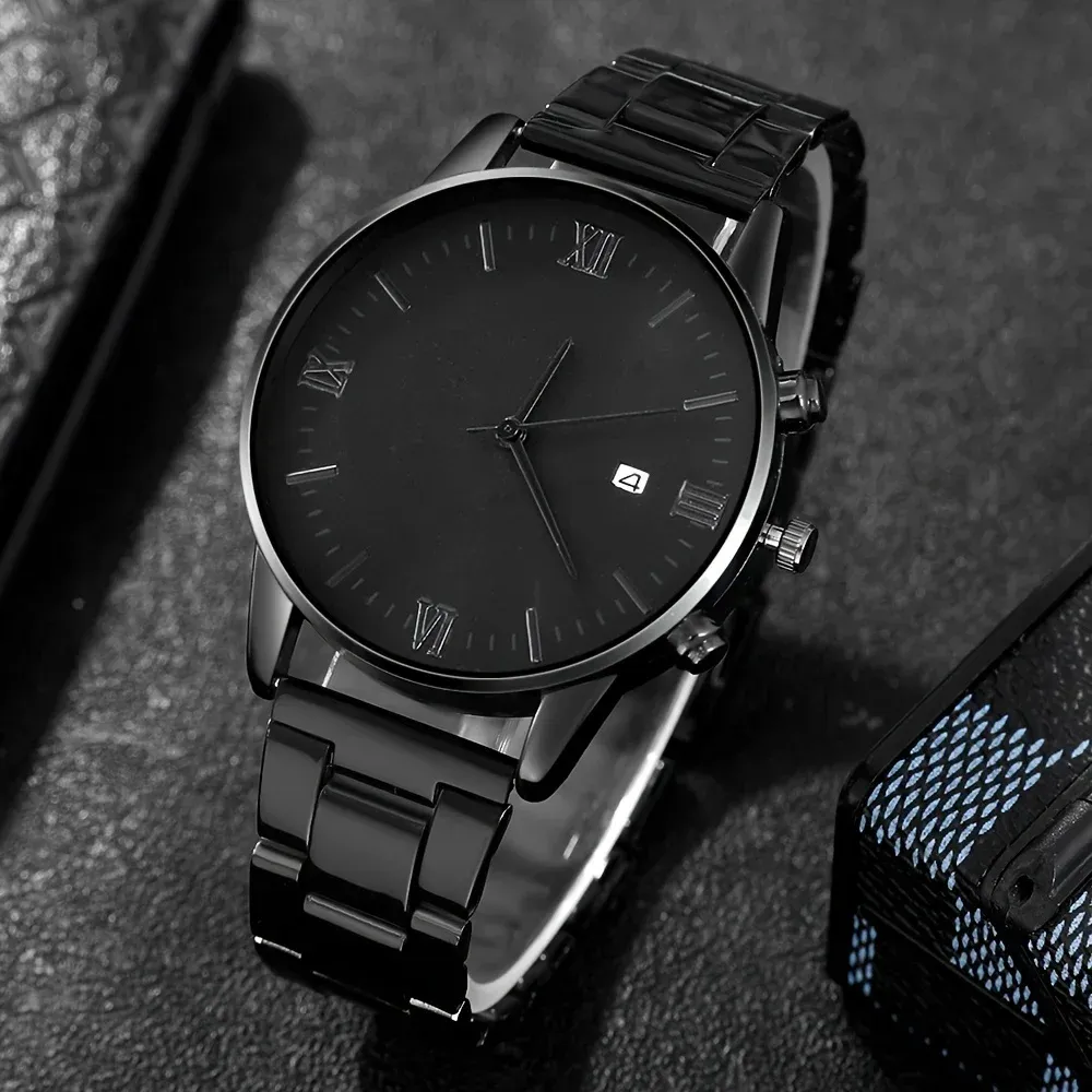 Montre à quartz minimaliste noire pour homme avec collier et bague à maillons, modèle n°2 5