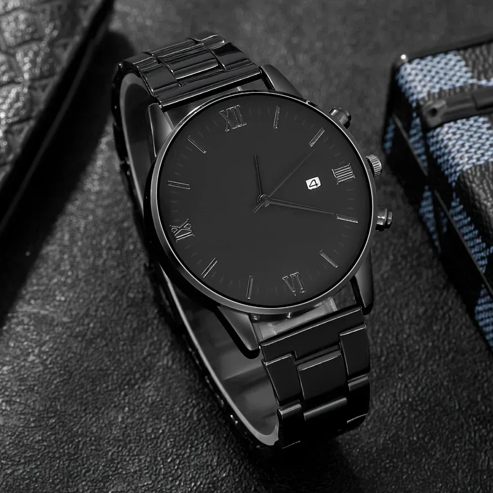 Montre à quartz minimaliste noire pour homme avec collier et bague à maillons, modèle n°2 6