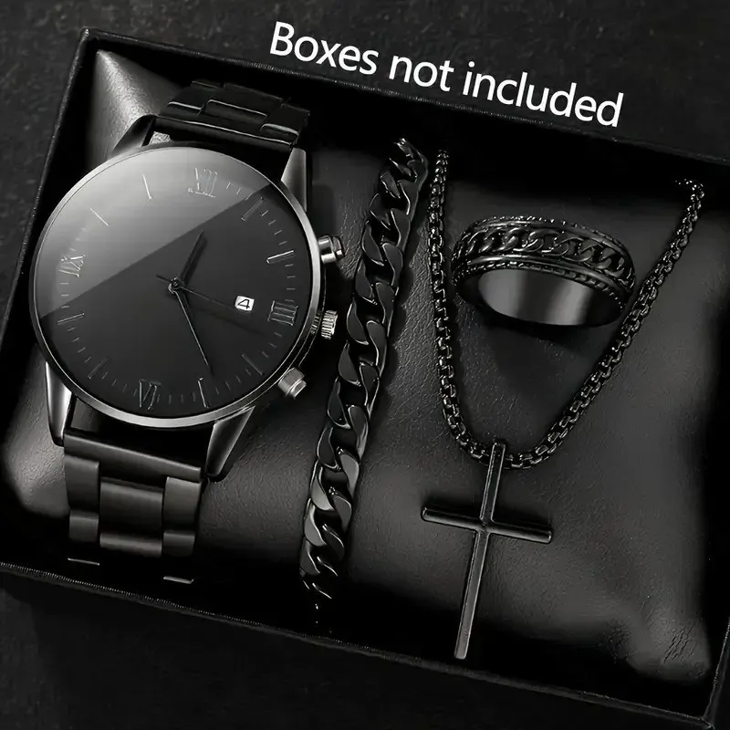 Montre à quartz minimaliste noire pour homme avec collier et bague à maillons, modèle n°2 9