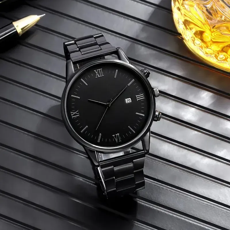 Montre à quartz minimaliste noire pour homme avec collier et bague à maillons, modèle n°2 8