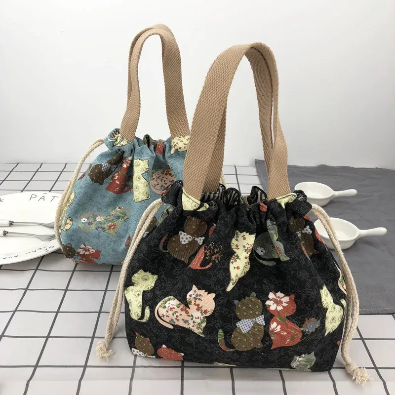 Sac à déjeuner en toile à motif manga japonais avec cordon de serrage, pliable, pouvant contenir deux boîtes à repas 3