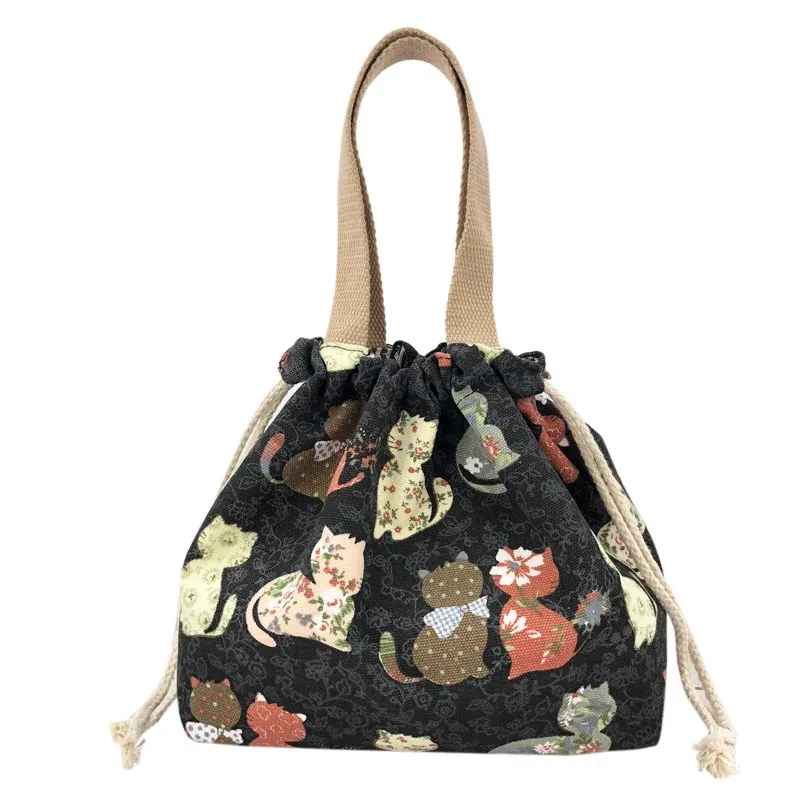 Sac à déjeuner en toile à motif manga japonais avec cordon de serrage, pliable, pouvant contenir deux boîtes à repas 5