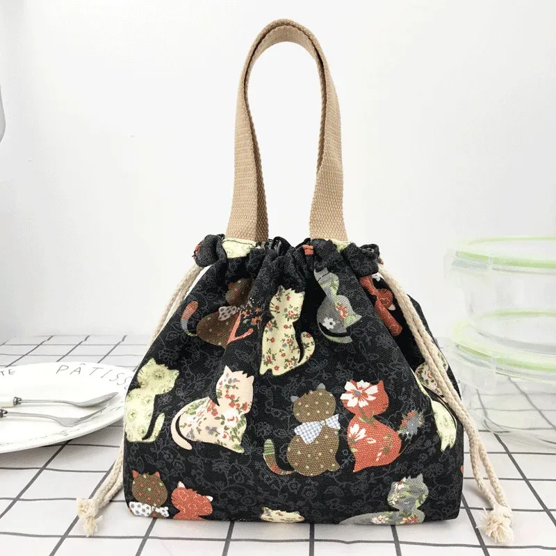 Sac à déjeuner en toile à motif manga japonais avec cordon de serrage, pliable, pouvant contenir deux boîtes à repas 14