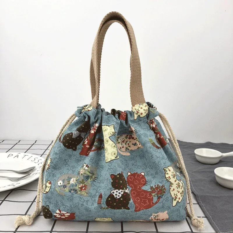 Sac à déjeuner en toile à motif manga japonais avec cordon de serrage, pliable, pouvant contenir deux boîtes à repas 15