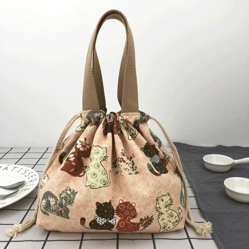Sac à déjeuner en toile à motif manga japonais avec cordon de serrage, pliable, pouvant contenir deux boîtes à repas 9