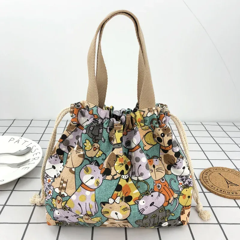 Sac à déjeuner en toile à motif manga japonais avec cordon de serrage, pliable, pouvant contenir deux boîtes à repas 8
