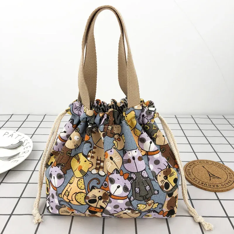 Sac à déjeuner en toile à motif manga japonais avec cordon de serrage, pliable, pouvant contenir deux boîtes à repas 12
