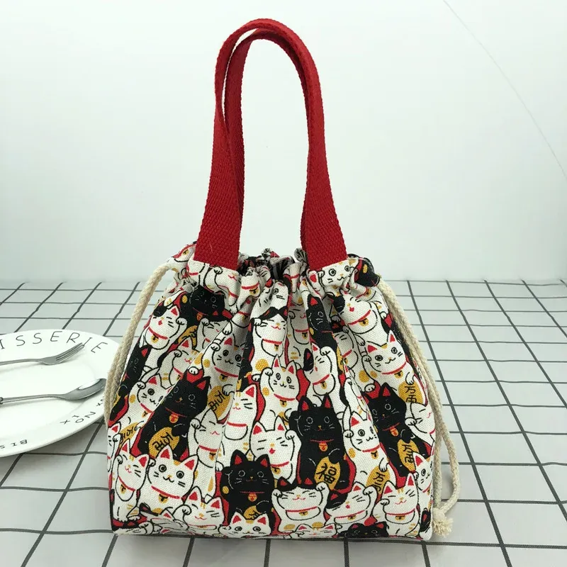 Sac à déjeuner en toile à motif manga japonais avec cordon de serrage, pliable, pouvant contenir deux boîtes à repas 11