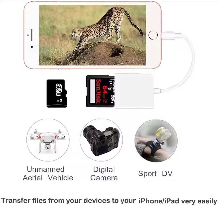 Adaptateur lecteur de carte SD et TF pour iPhone, compatible Apple iPhone 14, 13 et modèles USB 3.0, lecteur de carte OTG pour appareil photo et transfert de photos 3