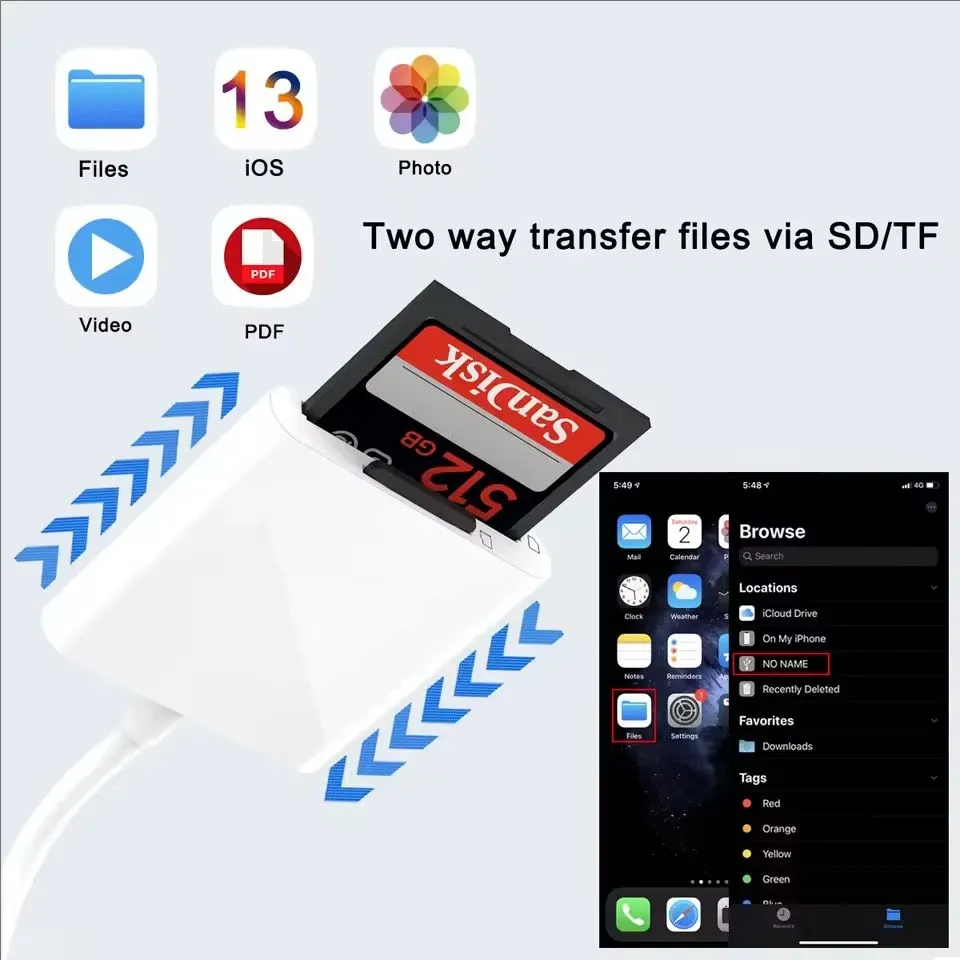 Adaptateur lecteur de carte SD et TF pour iPhone, compatible Apple iPhone 14, 13 et modèles USB 3.0, lecteur de carte OTG pour appareil photo et transfert de photos 5