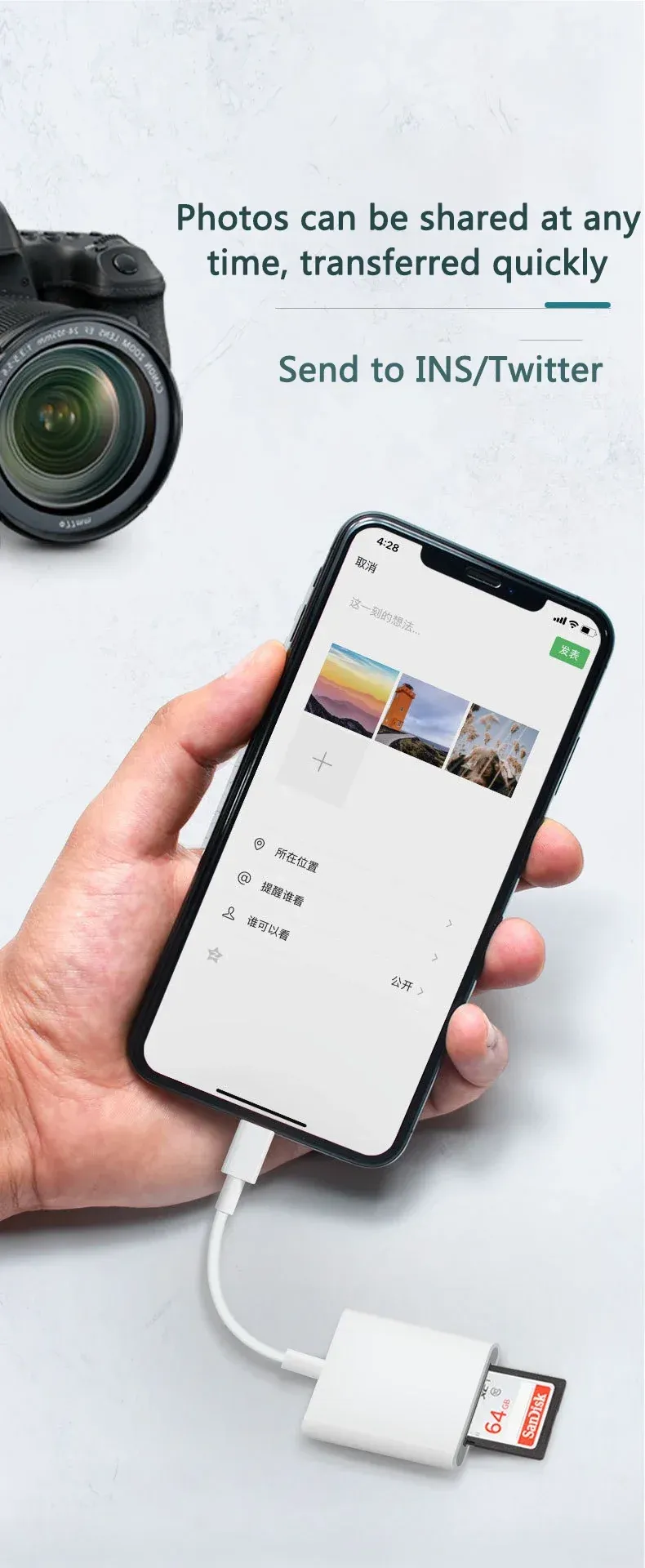 Adaptateur lecteur de carte SD TF pour iPhone en situation