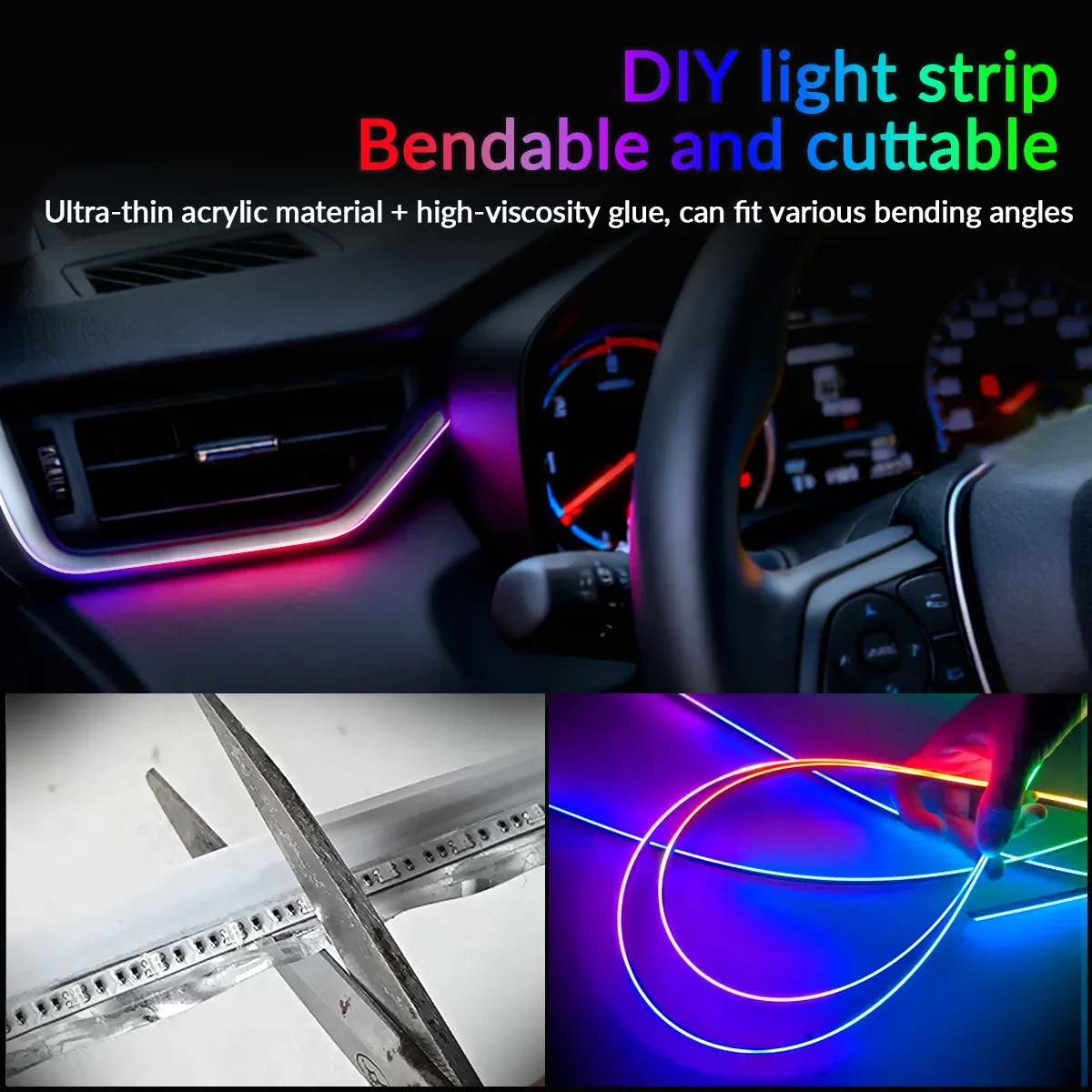 Éclairage d'ambiance RGB pour voiture, 64 couleurs, 18 en 1, bande LED universelle en acrylique dissimulée 3